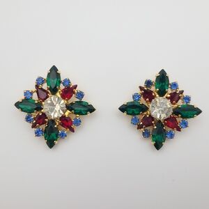Bluette Vintage Multicolor Rhinestone Shoe Clips Gold Made in France - Art Deco